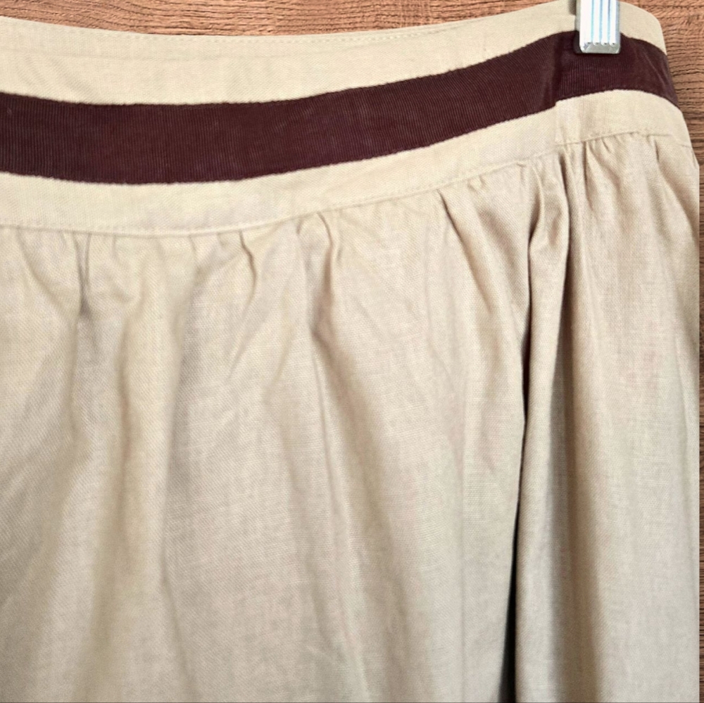 Linen Peasant Skirt Beige w Brown Embroidery Knee Length / Sz 12 - Picture 3 of 11